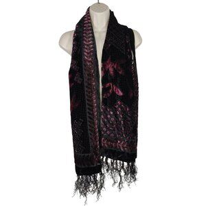 Black Pink Viscose Silk Flocked Scarf Wrap Fringe Lightweight Unbranded